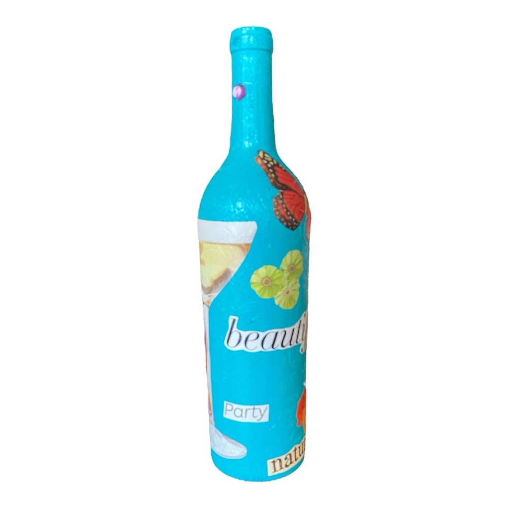 Handmade Turquoise Butterfly Decoupage Wine Bottle Home Decor 12” - Picture 5 of 6